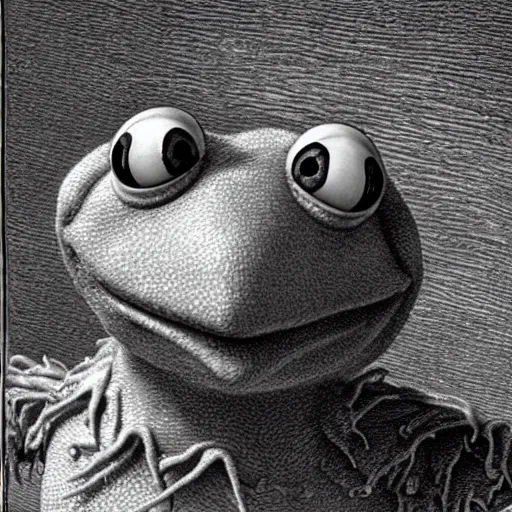 Image similar to portrait of Kermit the Frog, close up, realistic, very realistic, detailed, dramatic light, illustration by Gustave Doré