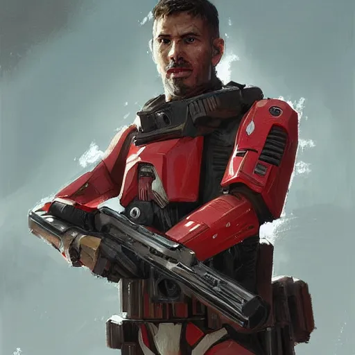 Image similar to portrait of a man by greg rutkowski, a soldier of the galactic triunvirate wearing a red and white tactical gear, star wars expanded universe, highly detailed portrait, digital painting, artstation, concept art, smooth, sharp foccus ilustration, artstation hq