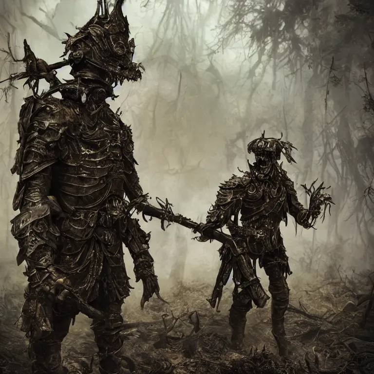 Prompt: undead armoured soldiers in burned forest full of smoke and ashes, fantasy style, highly detailed, smooth, sharp focus, portrait, concept art, intricate details, fantasy poster, dark athmosphere, 8 k. lifelike. nikon d 8 5 0