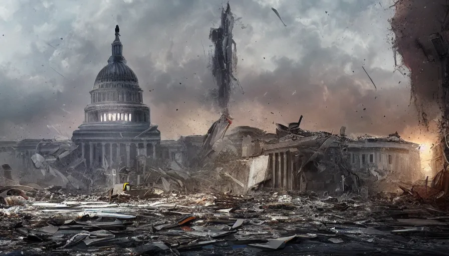 Image similar to capitol destroyed by tornado, debris, rain, hyperdetailed, artstation, cgsociety, 8 k