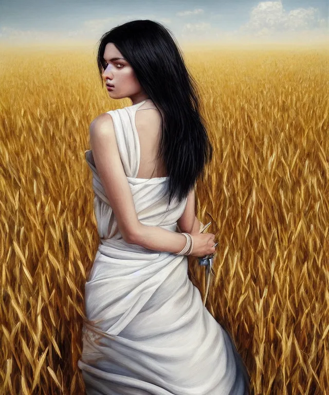 Prompt: Hyper realistic detailed painting of a Paludnitsa! (in a lush wheat crop). Perfect face, black hair, beautiful!, white dress, melancholic!!, dreamlike, highly detailed, sharp focus, digital painting, art by Eddie Mendoza, detailed and intricate environment, highly detailed, award winning art.