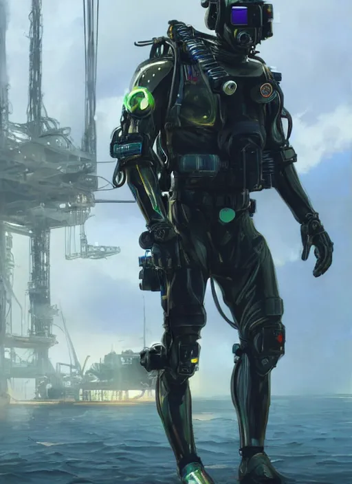 Image similar to Vernon. USN blackops operator infiltrating oil rig. Operator wearing Futuristic cyberpunk tactical wetsuit. Frogtrooper. rb6s, MGS, and splinter cell Concept art by James Gurney, greg rutkowski, and Alphonso Mucha. Vivid color scheme.