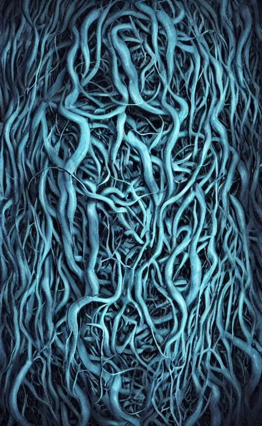 Image similar to blue vines in a dark cave forming a human face, creepy, extreme detail