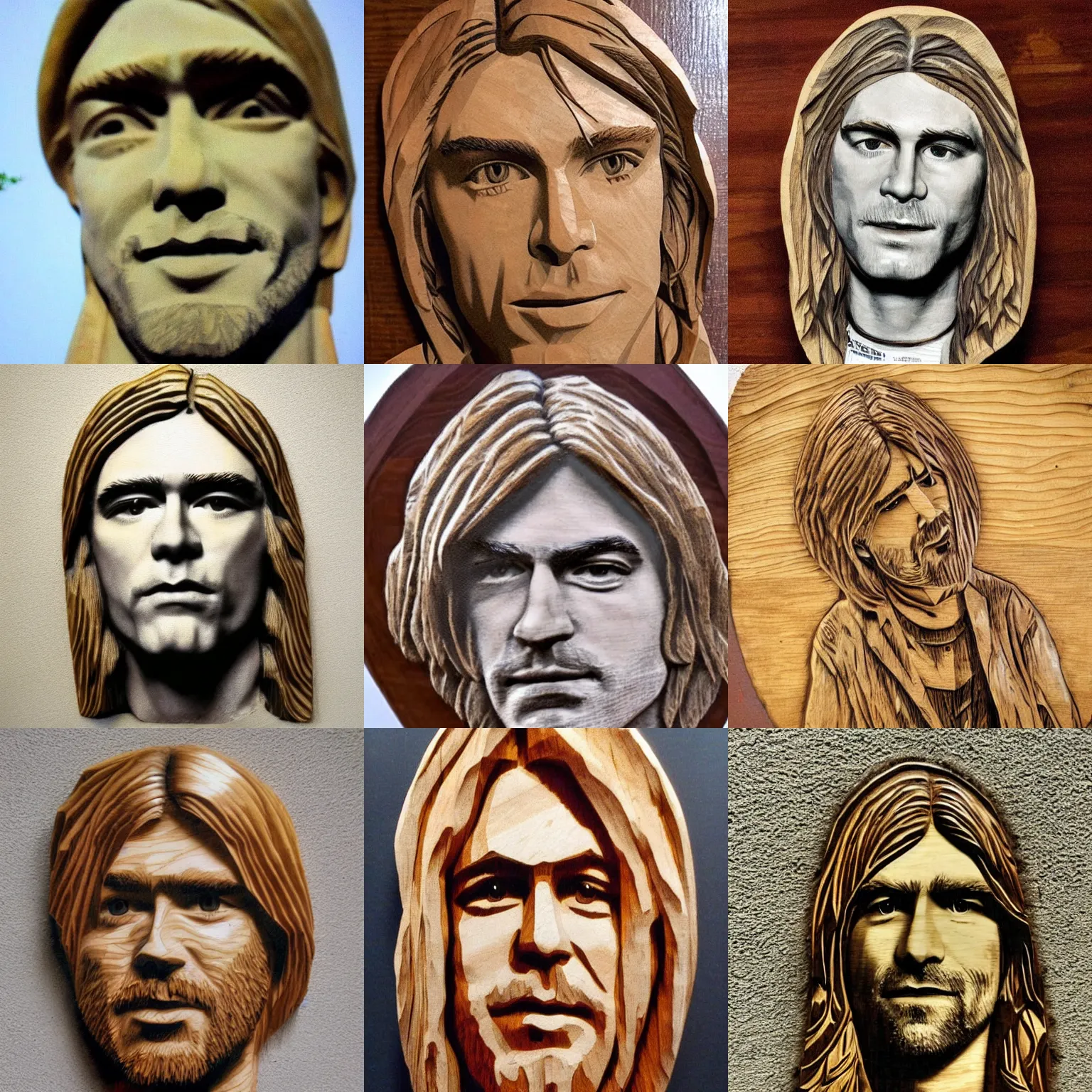 Prompt: wood carving of kurt cobain