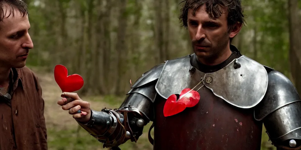 Prompt: film still of closeup the knight holds a bleeding heart in his hand by emmanuel lubezki