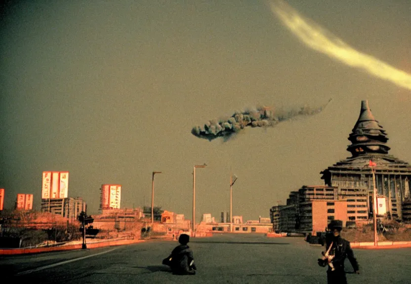 Prompt: Pulgasari the North Korean starfish monster destroying Pyongyang city, volumetric lighting, filmstill, produced by Kim Jong-il, Kodachrome, kaiju-eiga, monster movie, communist propaganda, film noir, 35mm film grain, Cooke Varotal 20-100mm T3.1, in the style of Ishirō Honda and Shinya Tsukamoto