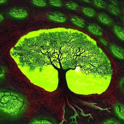 Image similar to giant tree of life being consumed by green lava