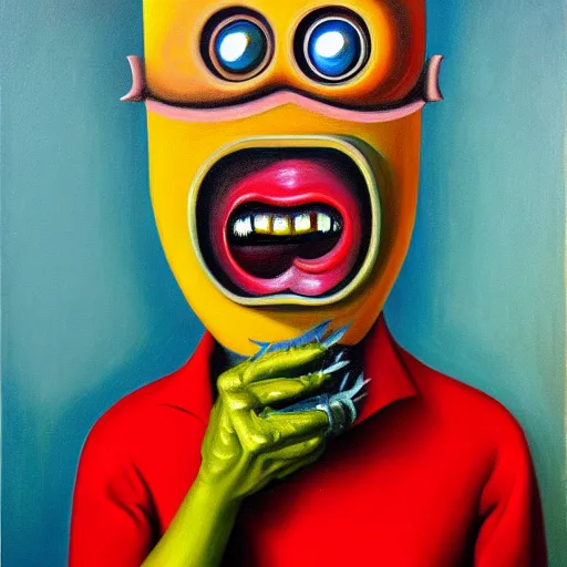 Image similar to a tin can character with a face and arms, opening its mouth, surrealist oil painting