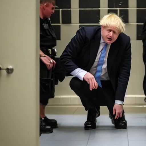 Prompt: Boris Johnson crying on his knees in a jail cell