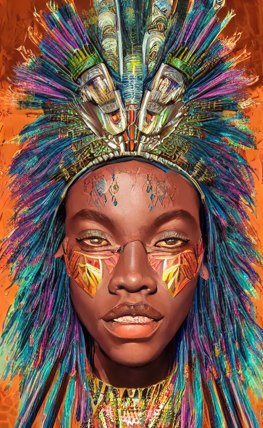 Image similar to upper half portrait of retro futuristic african tribal chief - embellished with vegetation and iridescent crystals, art by stanley artgem lau, highly detailed, digital painting, concept art, illustration, smooth sharp focus, intricate, symmetry, artstation, colourful,