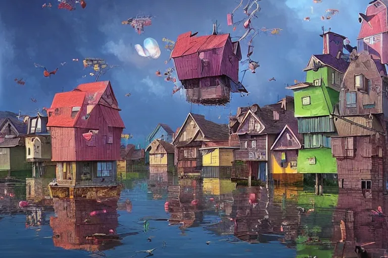 Prompt: surreal city, floating houses in the sky, summer morning, very coherent and colorful high contrast, art by!!!! gediminas pranckevicius!!!!, geof darrow, dark shadows, hard lighting