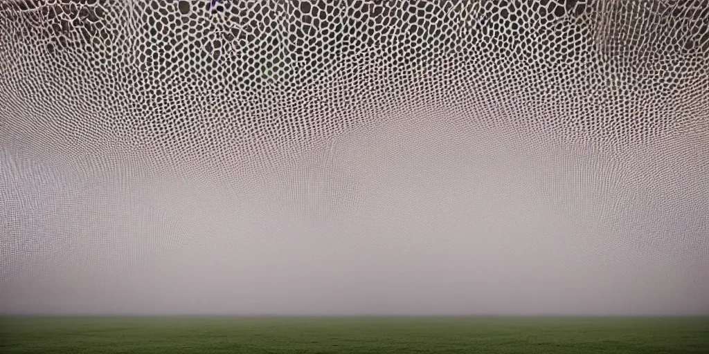 Image similar to white honeycomb organic building by ernesto neto sits on the field in low fog, light - mint with light - pink color, 4 k, insanely quality, highly detailed, film still from the movie directed by denis villeneuve with art direction by zdzisław beksinski, telephoto lens, shallow depth of field