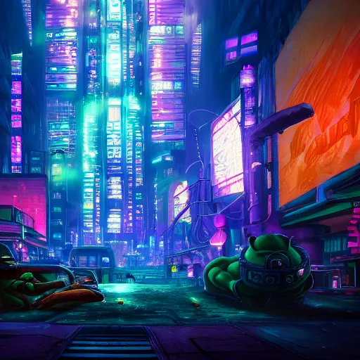 Prompt: Shrek, Cyberpunk, Neon lights, City background, Ultradetailed, Cyborg, Futuristic, Far Future, Sci-fi, 4k