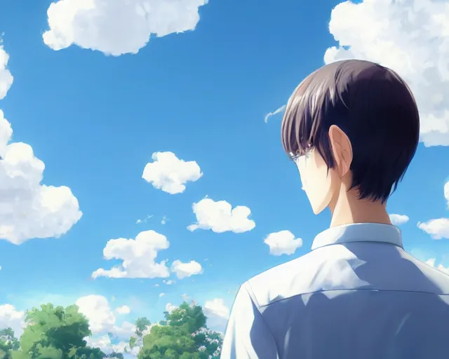 Prompt: teen looking at blue sky, wearing white collared shirt, back turned, looking up, illustration, by pine ( ハイネ ) and 薯 子 imoko and 香 川 悠 作 and wlop and maya takamura, highly detailed, trending artstation, pixiv, digital art