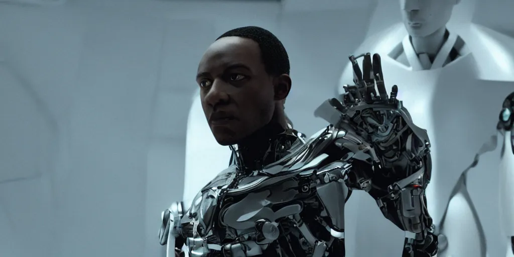 Image similar to a science fiction film still of a black man starring as a cyborg, award winning cgi, vfx, surrealism, film photography