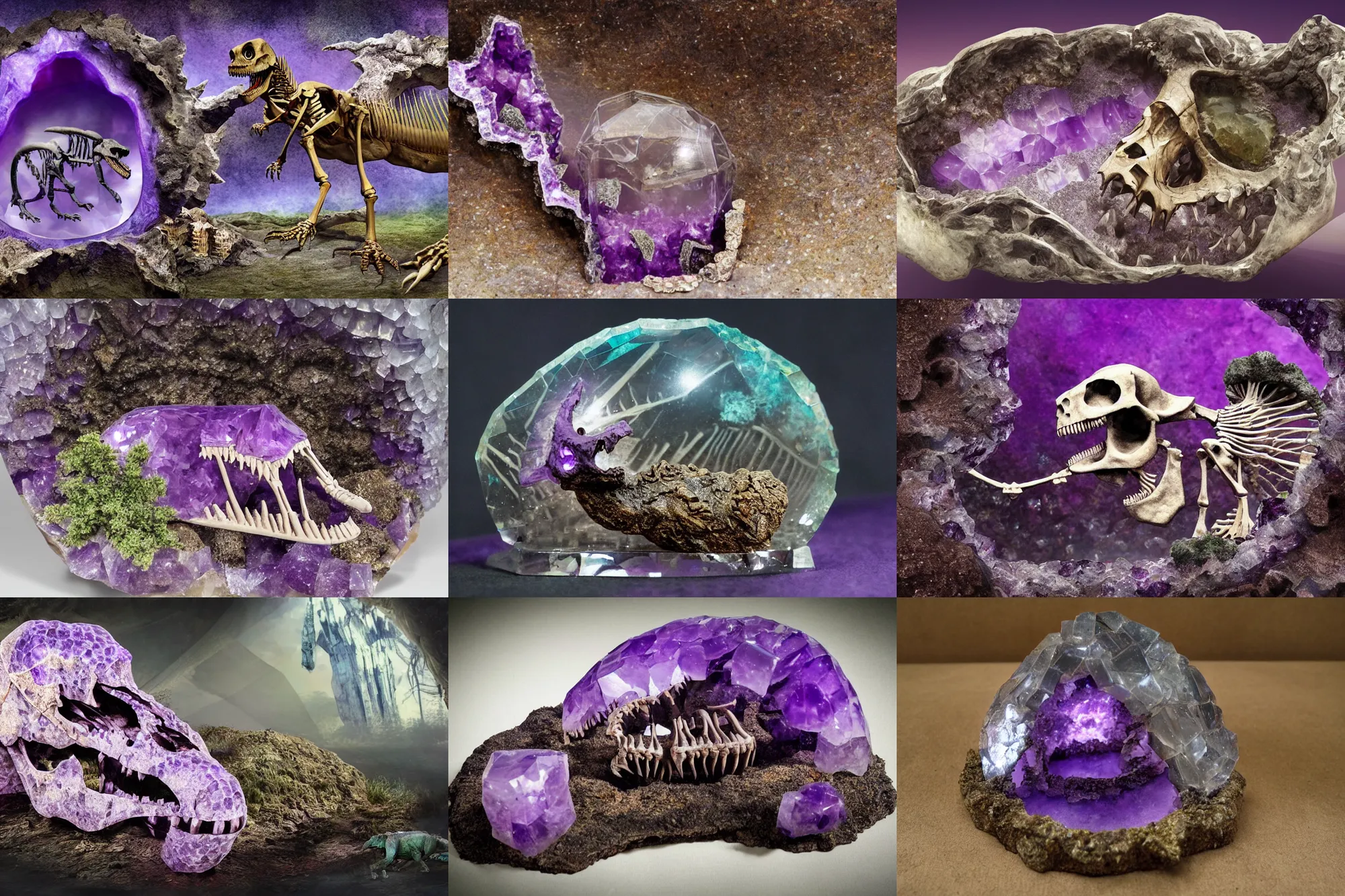 Image similar to dinosaur skeleton inlaid in a crystal geode ((inlaid in a crystal geode))(((in a crystal geode))), ((amethyst)), matte-painting