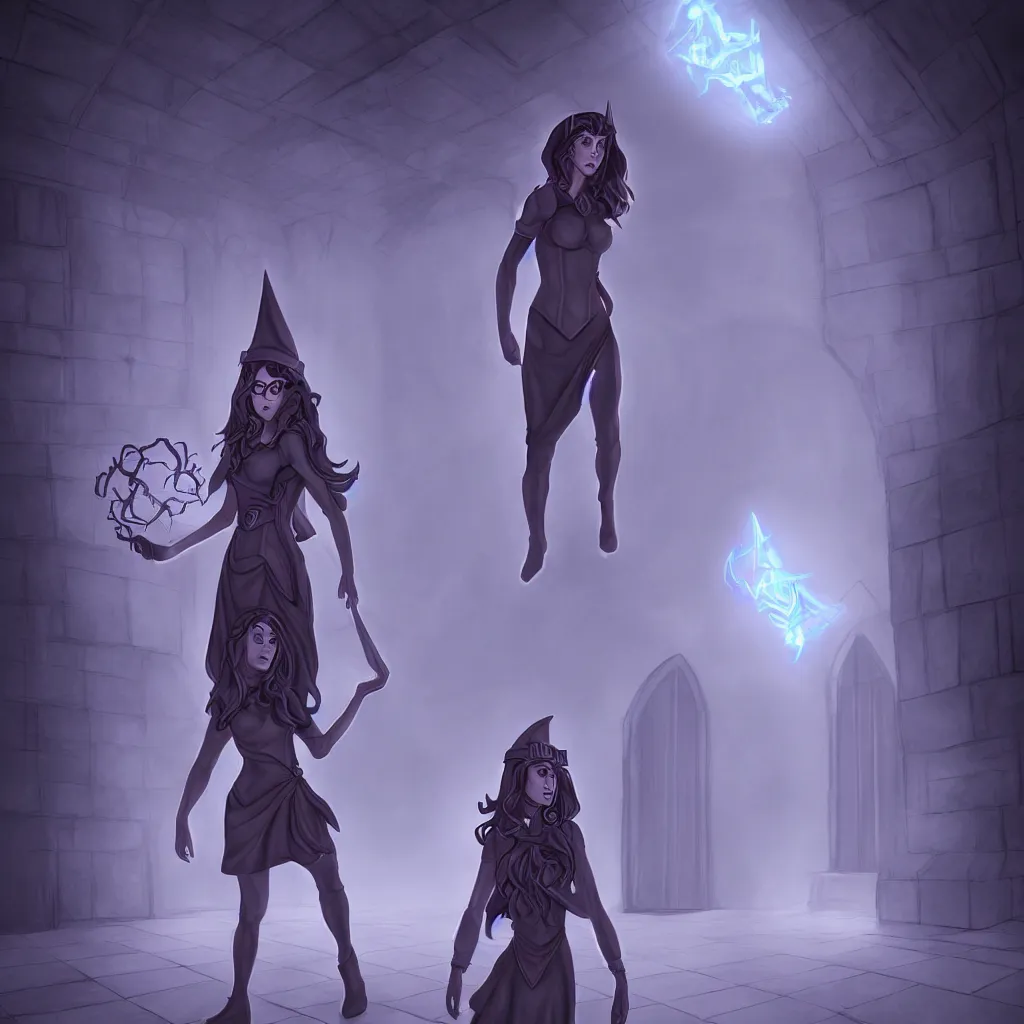 Image similar to wizard girl, standing in crypts casting a spell, 3 point perspective, volumetric lighting, in the style of Artgerm