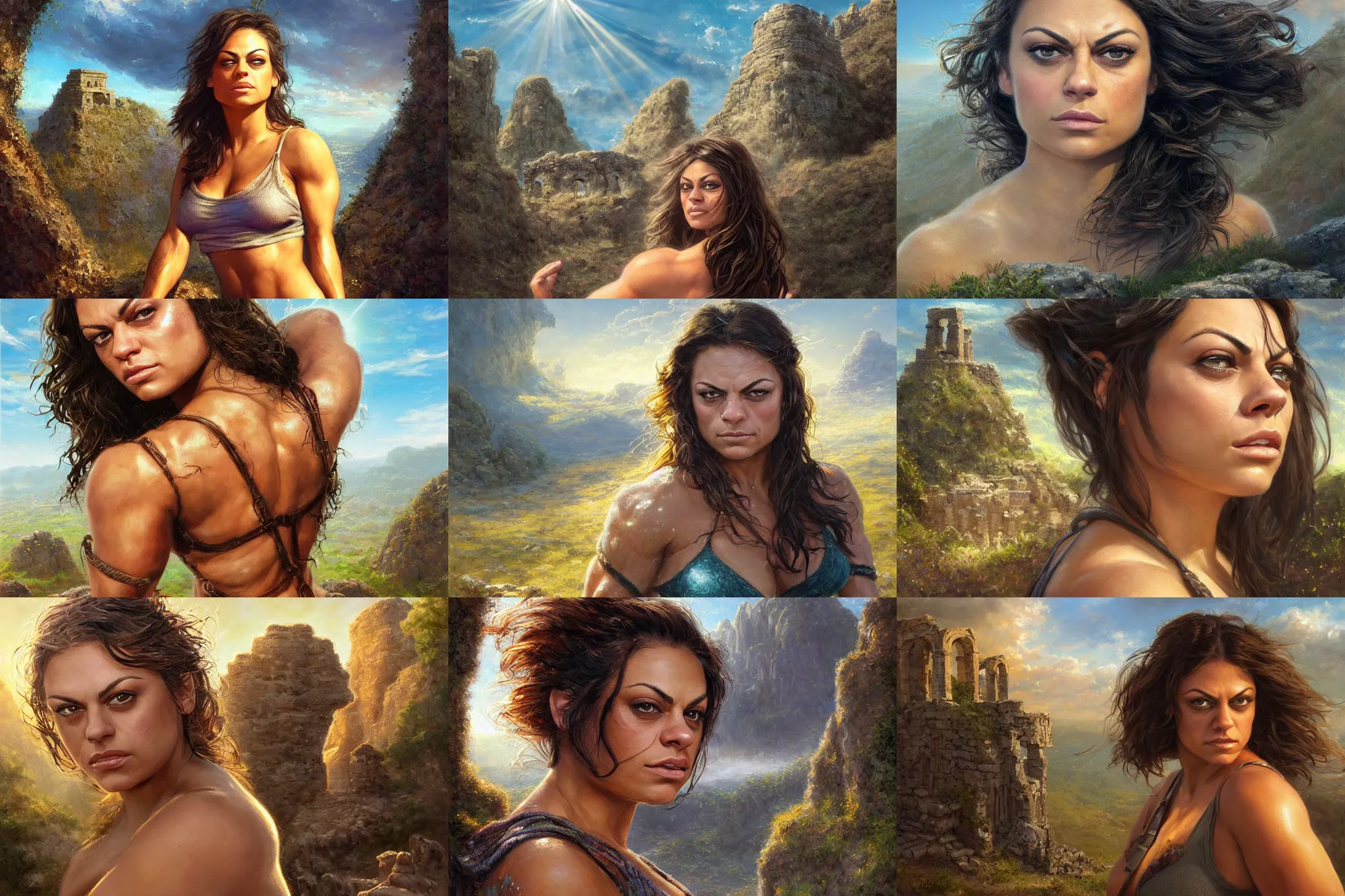 Prompt: cute face portrait of muscled Mila Kunis with no hair chilling on a rock, sun down golden hour , ancient ruins, sun ray prisms through wind swept saturated pollen, intricate, highly detailed, epic vista, very crispy, Ralph Horsley, Daniel F. Gerhartz, Artgerm, Boris Villajo, Lilia Alvarado