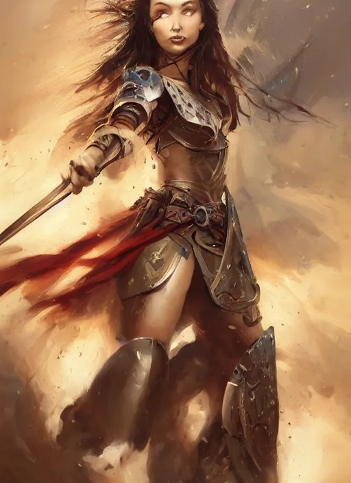 Image similar to a professional painting of an attractive young girl, partially clothed in battle armor, olive skin, long dark hair, beautiful bone structure, perfectly proportioned, nubile body, symmetrical facial features, intricate, elegant, heroic pose, digital painting, concept art, smooth, sharp focus, finely detailed, from Warhammer, by Ruan Jia and Mandy Jurgens and Artgerm and William-Adolphe Bouguerea