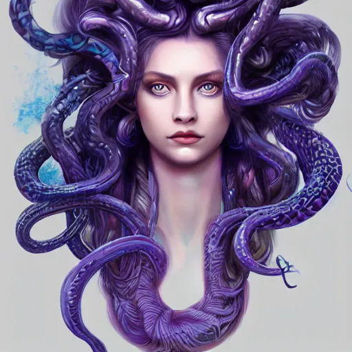 Prompt: Portrait of Medusa, Ancient Greece, face, flowing snake hair, fantasy, intricate, elegant, beautiful, magical, large blue eyes, luminescent, enchanted, purple mist, highly detailed, hyper realistic, digital painting, artstation, concept art, smooth, sharp focus, 4k, 8k