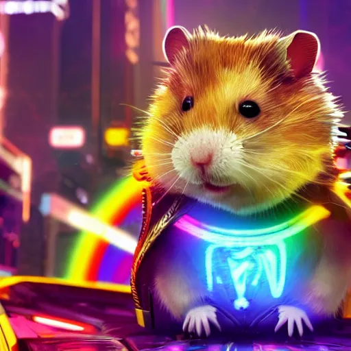 Image similar to hamster with rainbow fur in the style of cyberpunk 2 0 7 7, 8 k, hd, light reflection