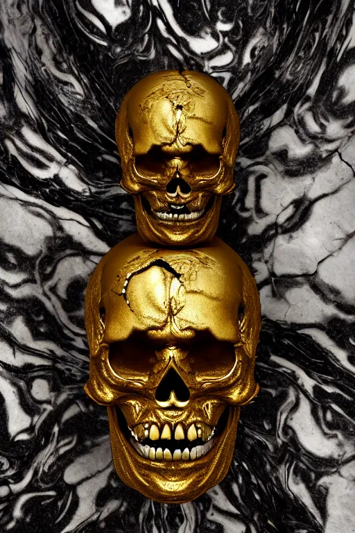 Prompt: the gold skull coming out from opened cracked marble head, sculpted by hedi xandt and bernini, epic and cinematic view, macabre art, dark surrealism, volummetric light, texturized, detailed, 8 k