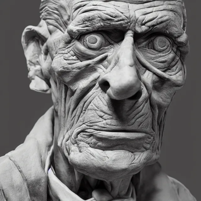 Prompt: photography of a sculpture of Samuel Beckett made of clay by Picasso and Michelangelo, 50mm, studio atmosphere, 8K, rim light, octane render, ultra-realistic
