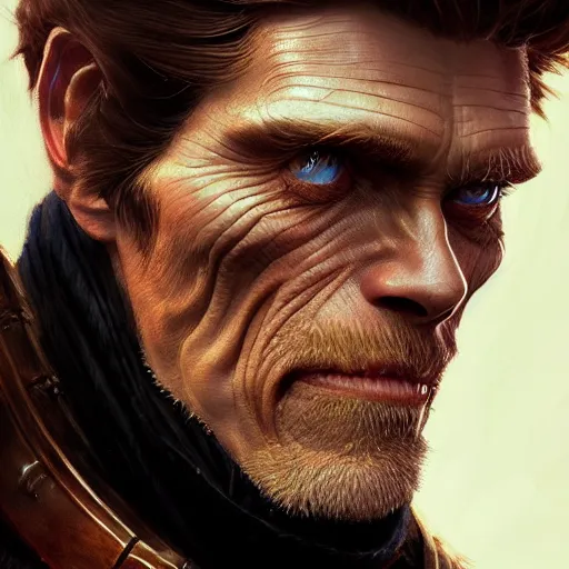 Image similar to Willem Dafoe, closeup, D&D, fantasy, intricate, elegant, highly detailed, digital painting, artstation, concept art, matte, sharp focus, illustration, hearthstone, art by Artgerm and Greg Rutkowski and Alphonse Mucha