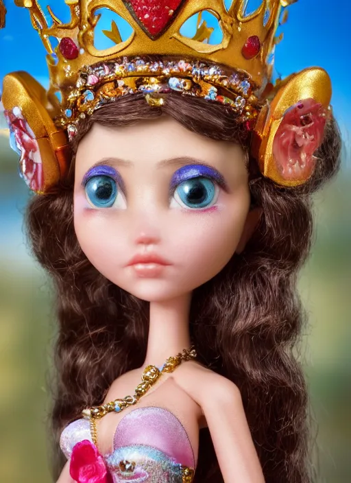 Image similar to closeup profile portrait of tin toy fairytale princess wearing a crown, bikini, depth of field, zeiss lens, detailed, symmetrical, centered, fashion photoshoot, by nicoletta ceccoli, mark ryden, lostfish, breathtaking, 8 k resolution, extremely detailed, beautiful, establishing shot, artistic, hyperrealistic, octane render
