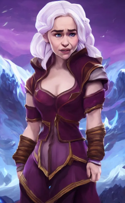 Image similar to Emilia Clarke as a character in the game League of Legends, with a background based on the game League of Legends, detailed face, old 3d graphics