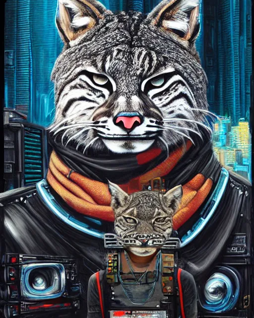 Image similar to a portrait of an anthropomorphic cyberpunk bobcat by sandra chevrier, by jon foster, detailed render, tape deck, epic composition, cybernetics, 4 k realistic, cryengine, realistic shaded lighting, sharp focus, masterpiece, by enki bilal