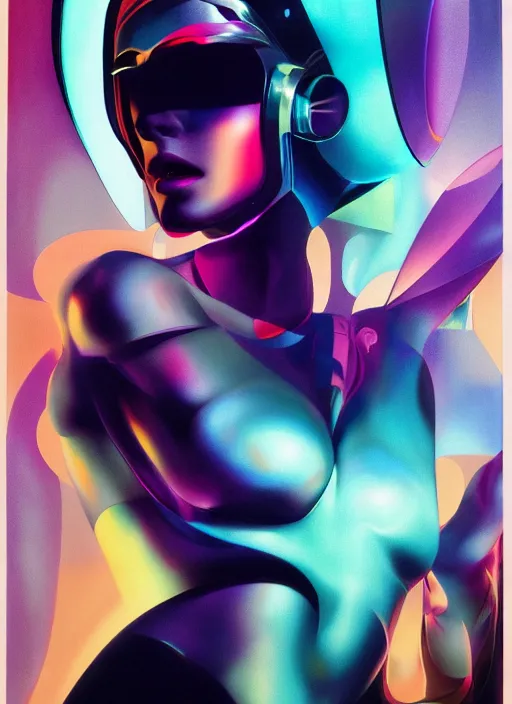 Image similar to futuristic lasers, data visualization, cyberpunk visor girl pinup, by steven meisel, james jean and rolf armstrong, geometric cubist acrylic and hyperrealism photorealistic airbrush painting with retro and neon colors