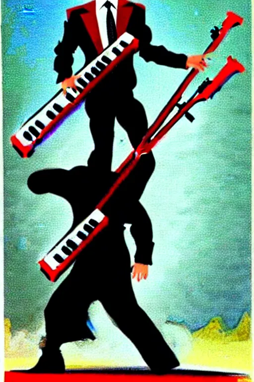 Image similar to Vladimur Putin rocking the Keytar in the style of Frank Frazetta