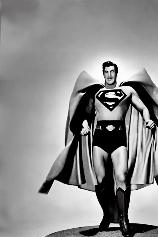 Image similar to rock hudson playing superman in, superhero, dynamic, 3 5 mm lens, heroic, studio lighting