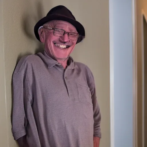 Image similar to an smiling old man camouflaged in a hallway