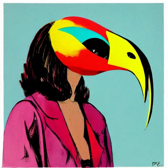 Prompt: illustration of model in plastic bird mask wearing baggy colorful 9 0 s designer clothing by frank frazetta.