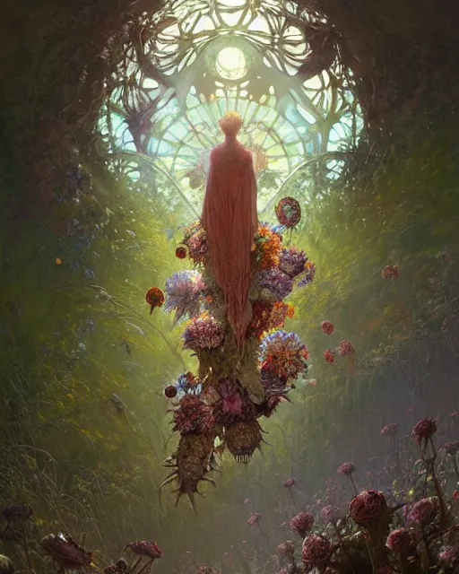 Image similar to the platonic ideal of flowers, rotting, insects and praying of cletus kasady carnage davinci dementor chtulu mandelbulb mandala ponyo the last of us dinotopia the witcher, fantasy, ego death, decay, dmt, psilocybin, concept art by greg rutkowski and simon stalenhag and alphonse mucha