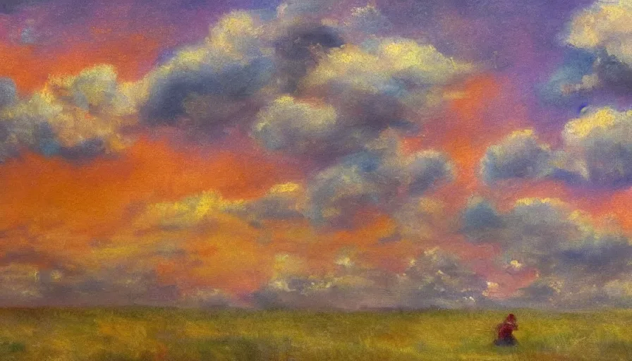 Prompt: a man placed a baby and looked under the burning clouds in the sky. 4 k rendering, impressionist painting style