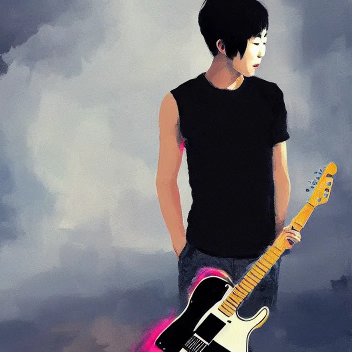 Image similar to a young korean male musician wearing black tank top holding a telecaster!!! electric guitar!! he is made of thick flowing dramatic brush strokes blowing away in strong wind, matte colors, abstract, impressionist, motion, trending on artstation