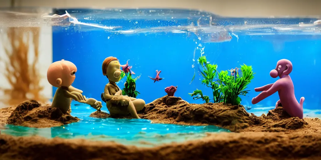 Image similar to plasticine model in water. siamese fighting fish. clay figure. surreal. tropical fish tank with sand. strange. weird. astrix and obelisk. tintin. hands. wallace and gromit. figures clay. aquatic photography. photorealistic. waiting room