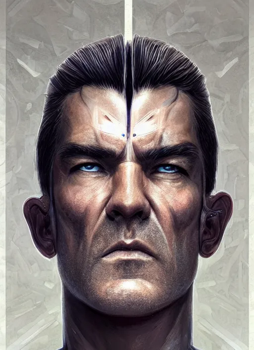 Image similar to symmetry!! antonio banderas, male, machine parts embedded into face, intricate, elegant, highly detailed, digital painting, artstation, concept art, smooth, sharp focus, illustration, art by artgerm and greg rutkowski and alphonse mucha, 8 k