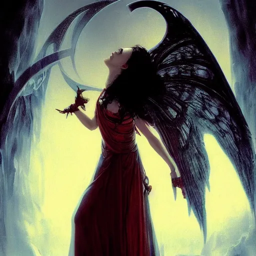 Prompt: young vampire princess with burning wings 4 k high definition dramatic lighting artstation trending path traced contrast light and dark cinematic breathtaking by gustave dore, noriyoshi ohrai, patrick woodroffe, and hans zatzka