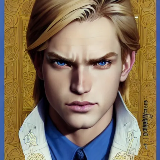 Image similar to highly detailed vfx portrait of a blond centre parting pretty boy with blue eyes by eiichiro oda, makoto shinkai, alphonse mucha, sakimichan, sharp focus, art by artgerm and greg rutkowski!, backlit, harsh overhead sunlight, detailed,