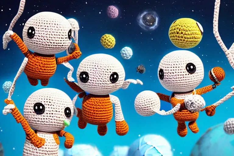 Prompt: a group of three crochet cute astronauts climbing a yarn wall. cute, illustration, digital art, inspired by little big planet, by greg rutkowski, detailed, sharp, masterpiece, highly detailed, photorealistic, octane render, 8 k, unreal engine 5, trending on artstation, vivid colors, cinematic, close up