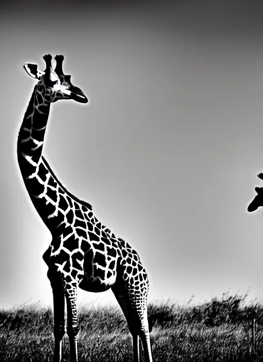 Image similar to two giraffe black and white portrait white sky in background