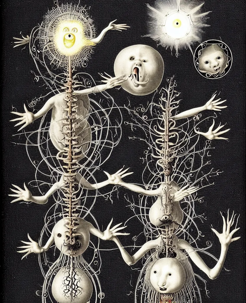 Image similar to whimsical freaky creature sings a unique canto about'as above so below'being ignited by the spirit of haeckel and robert fludd, breakthrough is iminent, glory be to the magic within