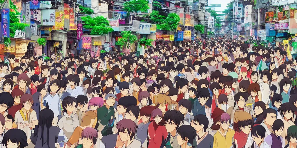 Image similar to streets of vietnam crowded dense urban hot cartoon style anime