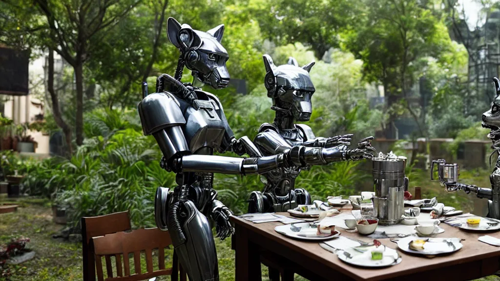 Image similar to film still from the movie chappie of the robot chappie shiny metal outdoor park plants garden scene bokeh depth of field several figures sitting down at a table having a tea party furry anthro anthropomorphic stylized cat ears wolf muzzle head android service droid robot machine fursona