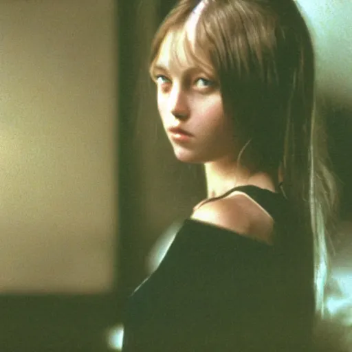 Prompt: portrait of a beautiful young lady with silver eyes, film still of Tarkovsky