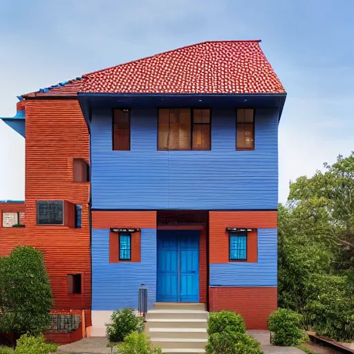 Image similar to tall 4 story house with blue wooden facade with dark red bricks on the roof in a valley